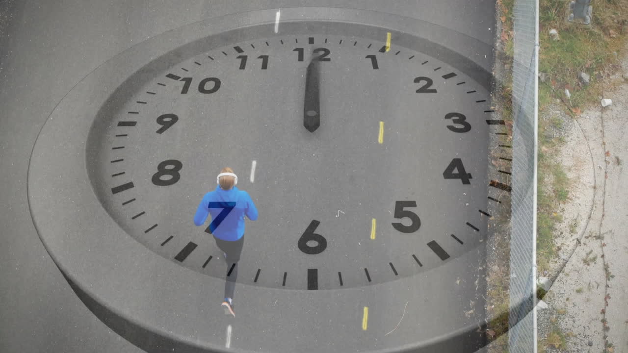 animación de un reloj moviéndose sobre un hombre caucásico corriendo por la ciudad
