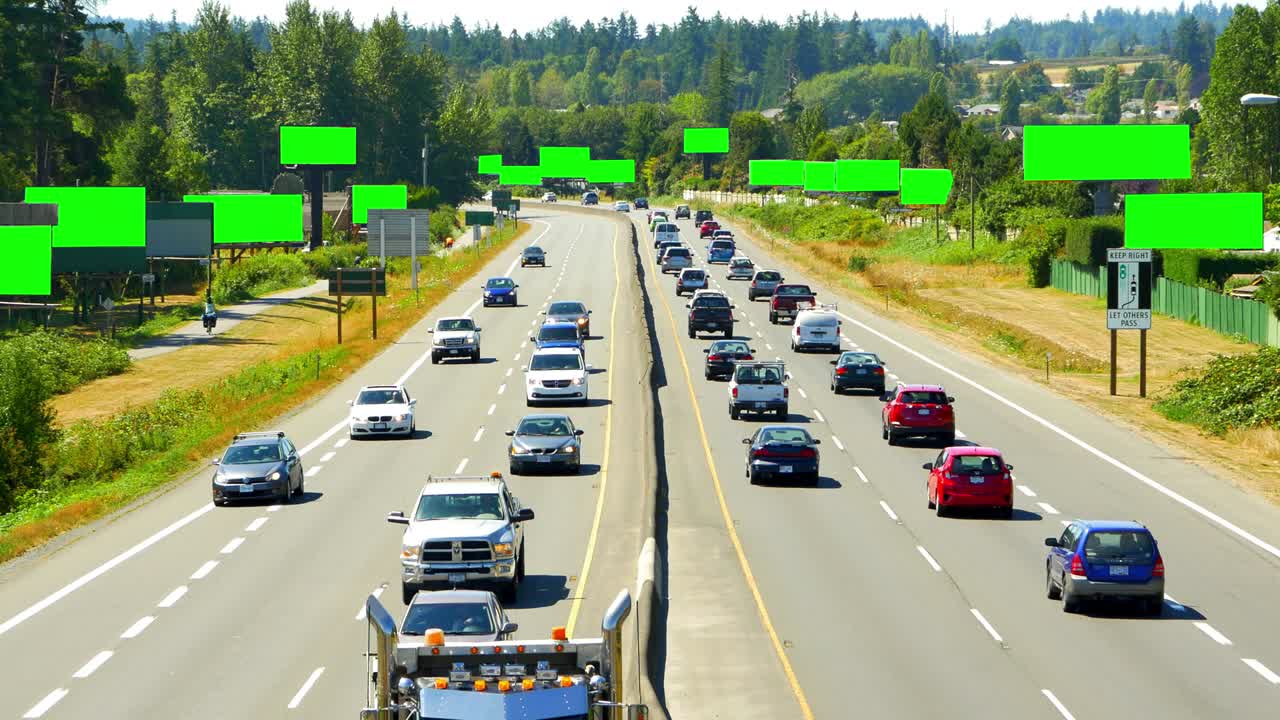 많은 빈 광고판, 광고 표지판, 고속도로 도로 교통, 녹색 화면