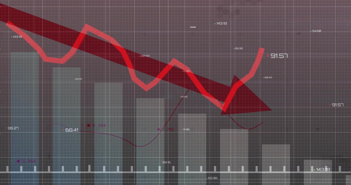 Red arrow animating from upper left, bar chart showing fluctuating red line tracing data trend