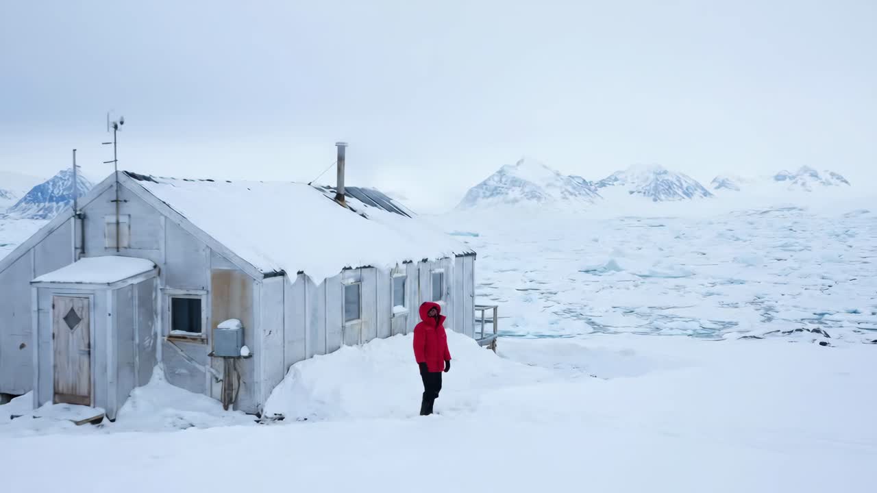 Person in Red Jacket Standing by a Cabin in a Snowy Arctic Landscape