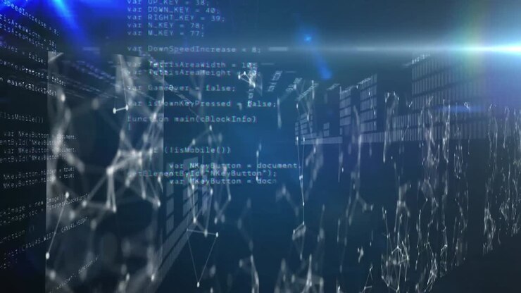 Animation of network of connections over data processing on black background