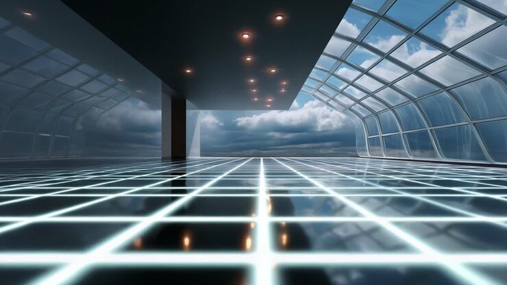 Un interior futurista con elegantes paredes de cristal y un suelo cuadriculado iluminado, bañado en luz natural y que realza la sensación de espacio abierto y estética de diseño moderno.