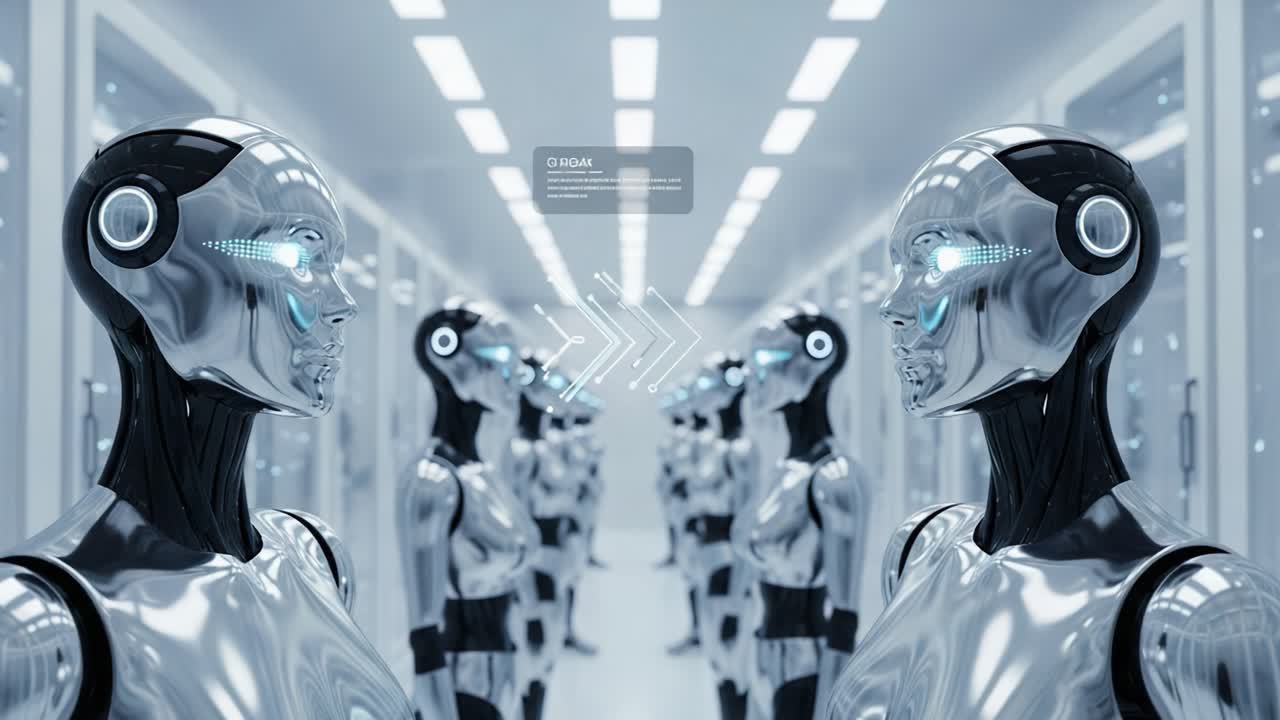 Futuristic Robotics Showcase: A Spectacle of Mirror-like Androids Engaged in an Intriguing Display of Technology and Intelligence in a High-Tech Environment