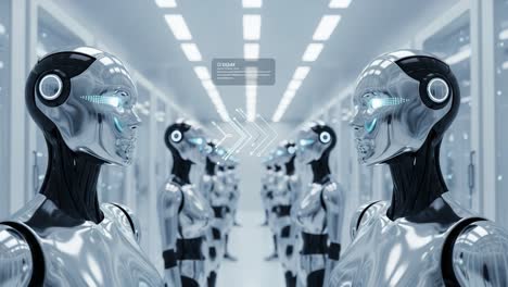 futuristic robotics showcase: a spectacle of mirror-like androids engaged in an intriguing display of technology and intelligence in a high-tech environment