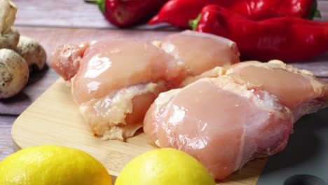 raw chicken thighs with lemons, peppers, and mushrooms