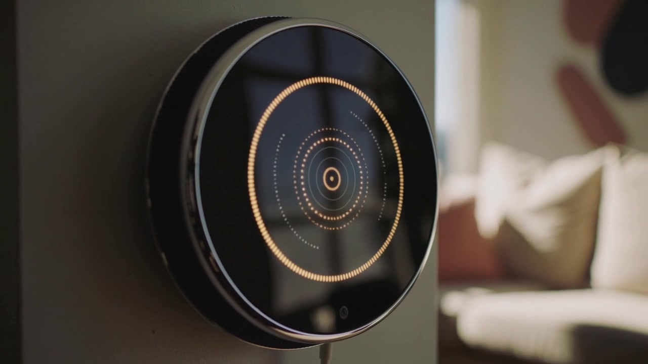 Pulsing smart hub animating LED rings in living room, camera pulling back, power cable, copy space