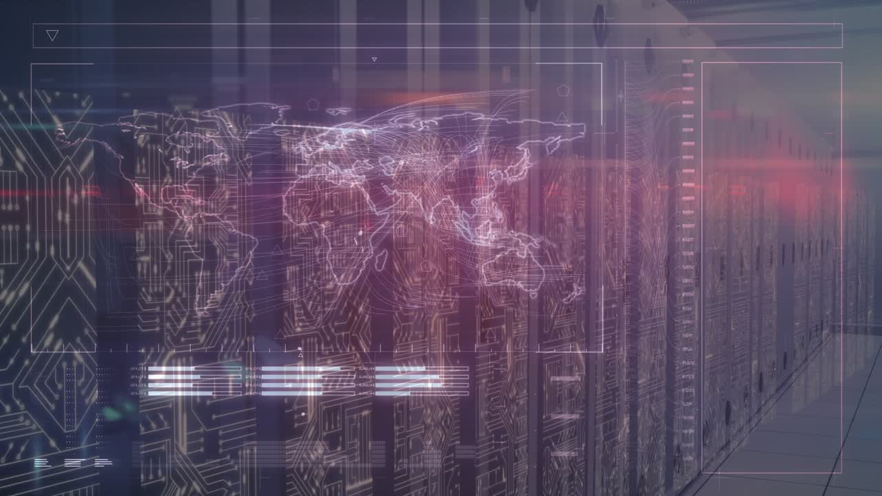 Animation of world map and data processing over server room