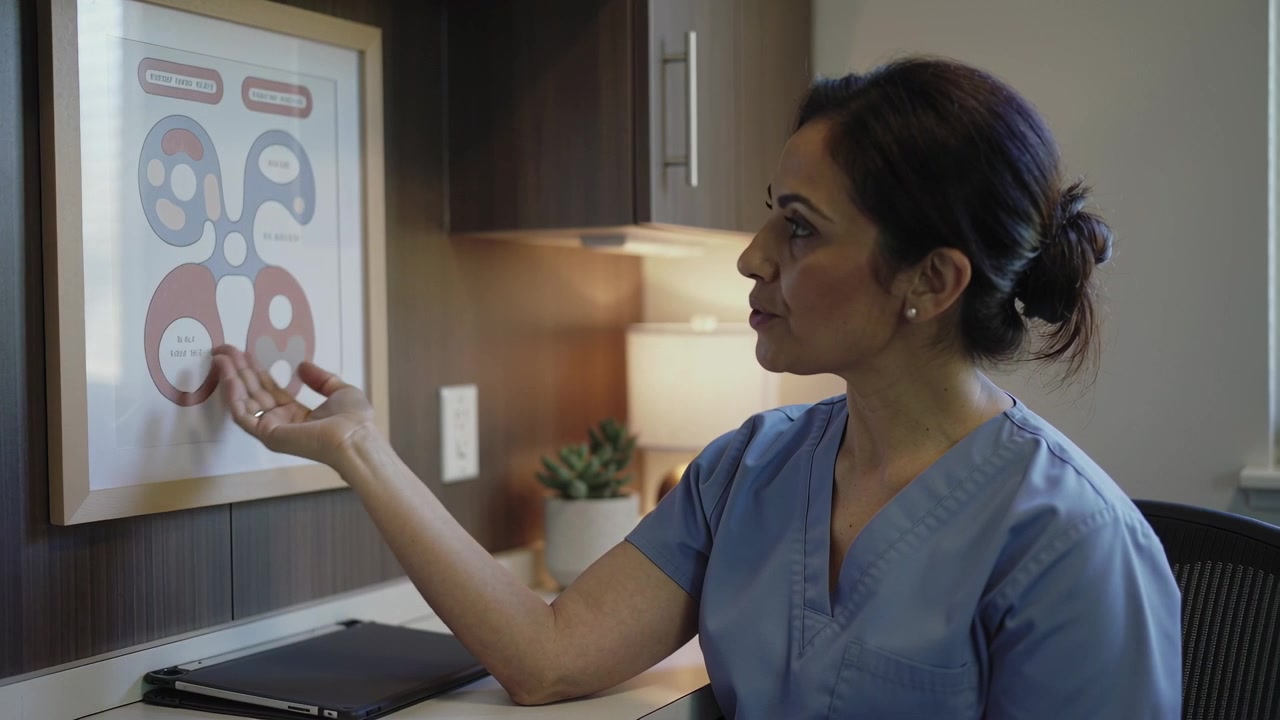 Clínico señalando un gráfico enmarcado mientras explica una consulta de un paciente en la clínica, espacio para texto