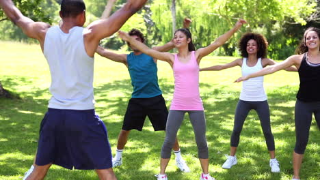 fitness class doing jumping jacks in the park