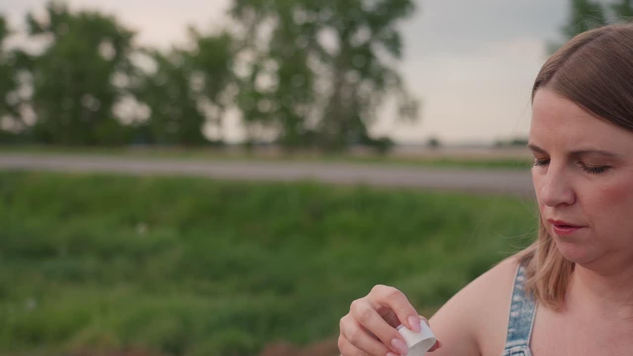 close up side view of young woman in denim dress blowing iridescent bubbles toward open field under soft sunset sky, delicate moment of carefree joy