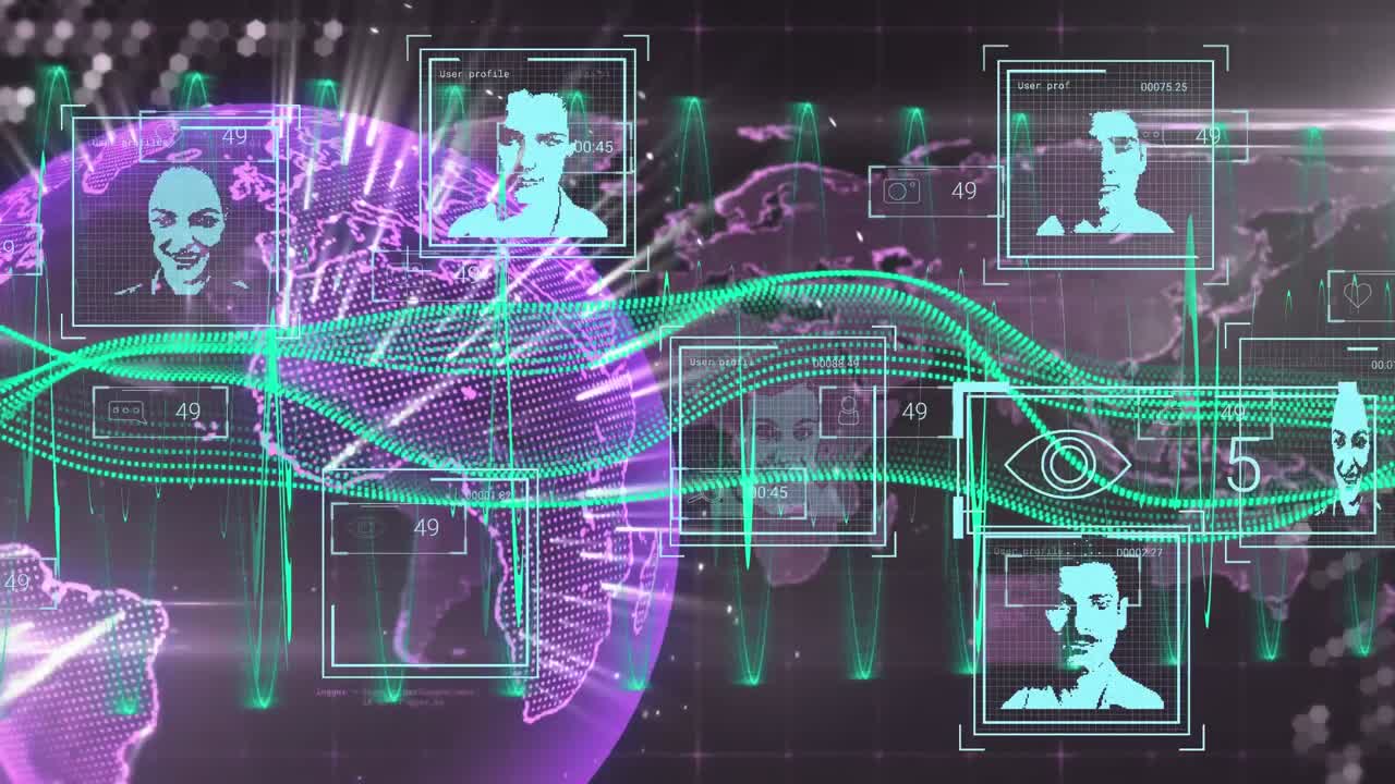 animación de múltiples iconos de perfil sobre el globo giratorio, el mapa del mundo y la onda digital verde.