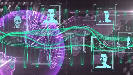 Animación-De-Múltiples-íconos-De-Perfil-Sobre-Un-Globo-Giratorio,-Un-Mapa-Mundial-Y-Una-Onda-Digital-Verde