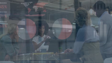 animation of financial data processing over diverse business people in office