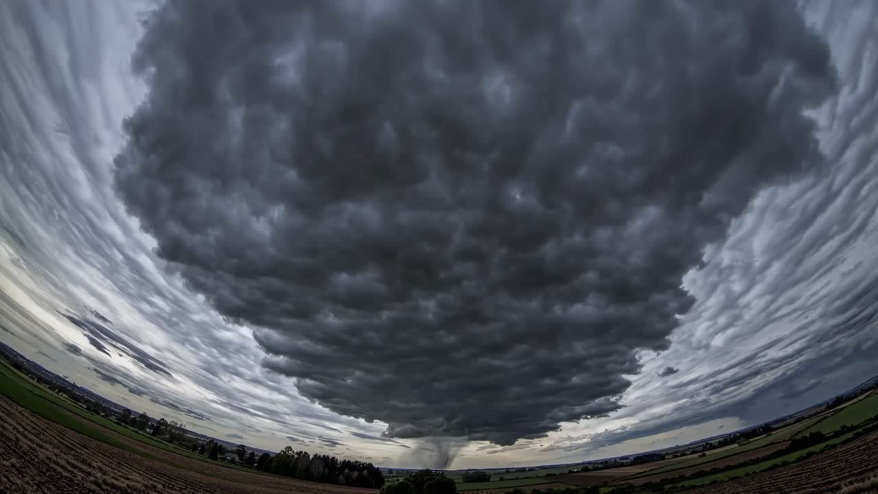 Dramatic wide-angle shot of dark storm clouds looming over fields, creating a cinematic, intense