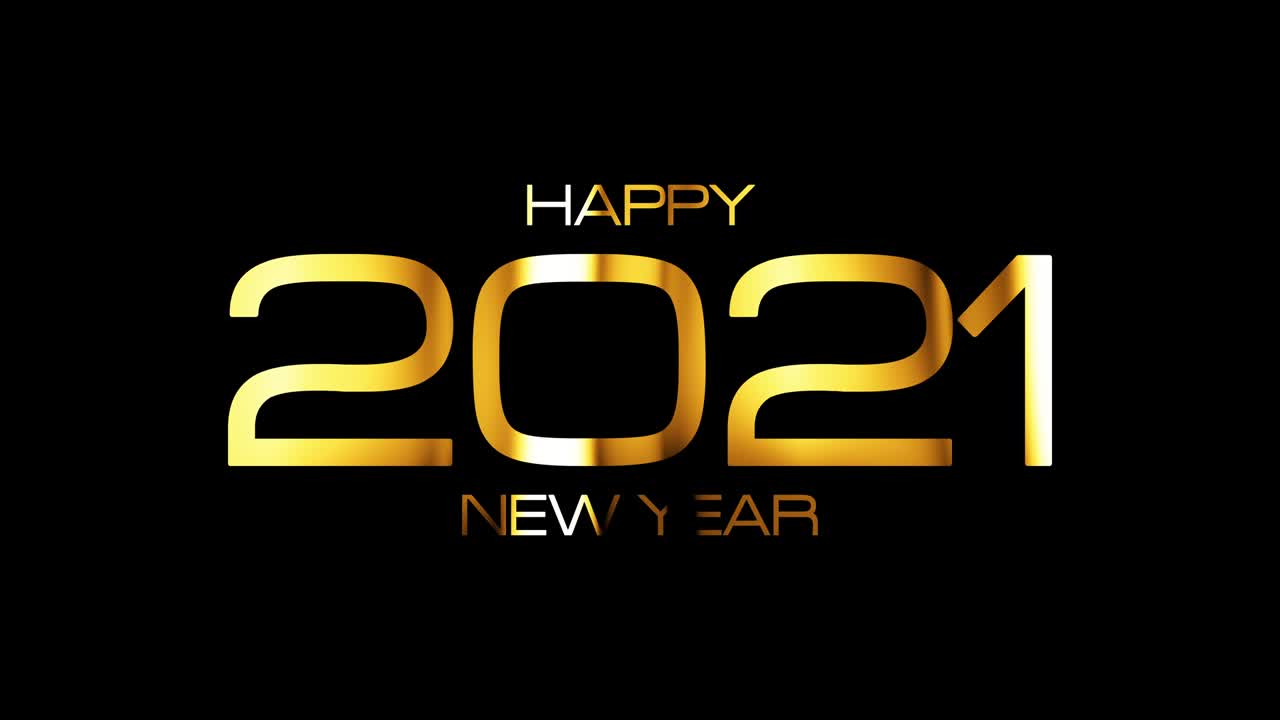 feliz año nuevo 2021 texto dorado brillante con luz de bucle animación de efecto brillante en negro. diseño de tipografía de bucle sin costuras 4k 3d. signo de festival de celebración del año nuevo 2021 elemento de texto de color dorado.
