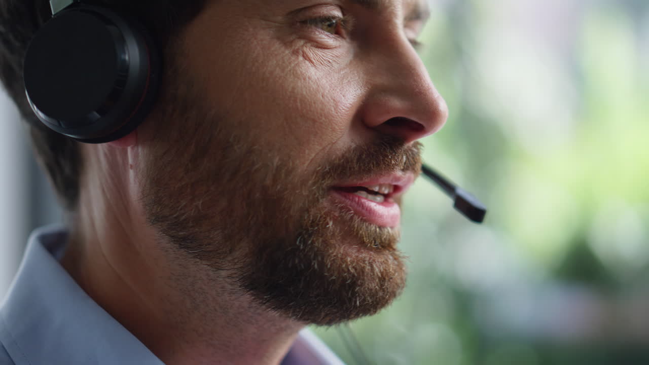 Technical assistant talking headphones working call center closeup portrait