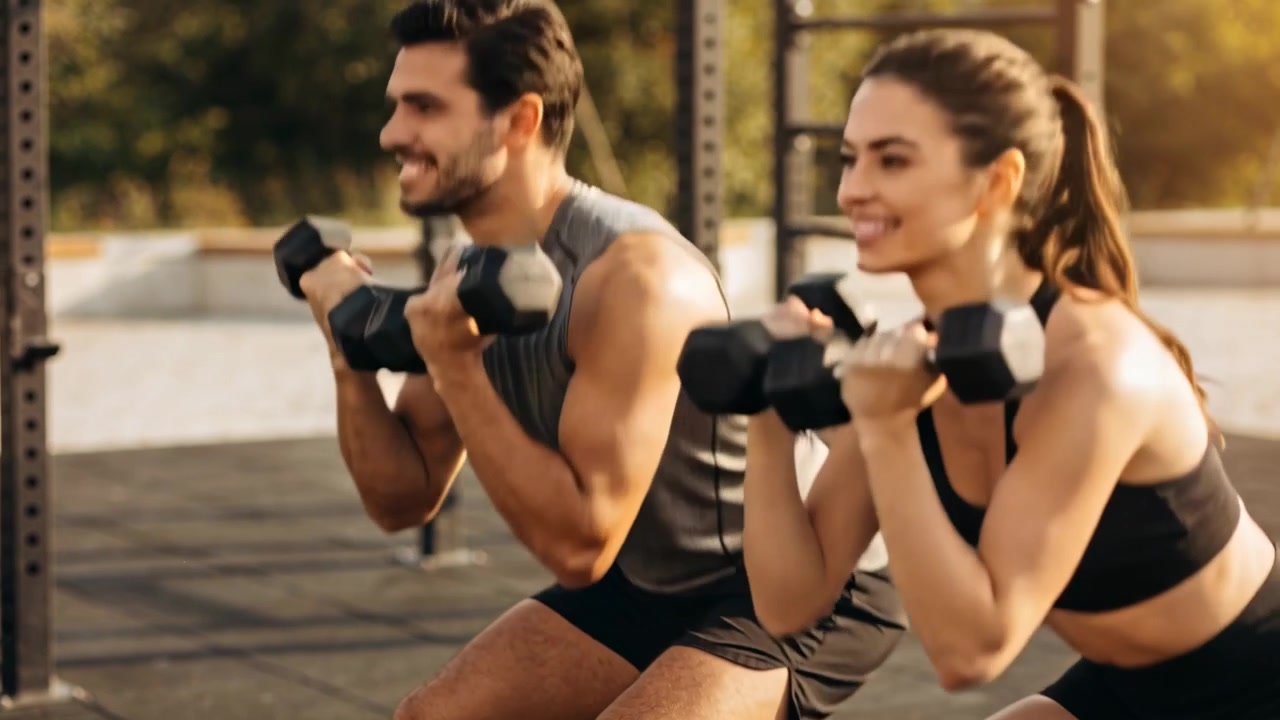 La telecamera inizia a filmare una coppia che esegue squat frontali con pesi esagonali in una palestra all'aperto, indossando abbigliamento sportivo.