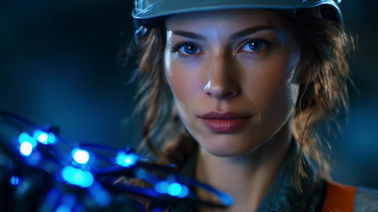 A focused and determined woman wearing a safety helmet studies a futuristic drone, showcasing her dedication to advanced technology and exploration in a captivating blue-lit environment, embodying innovation and confidence