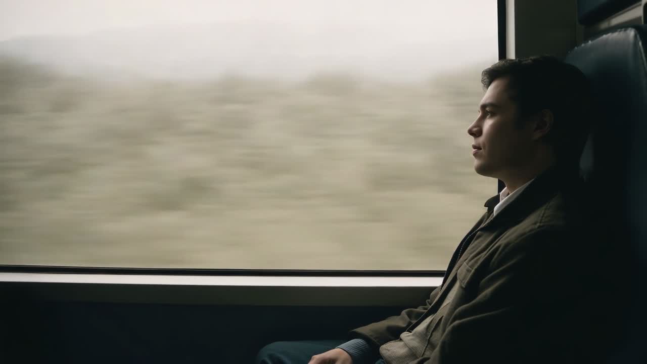 Uomo che indossa una giacca casual mentre guarda fuori dal finestrino del treno, treno in movimento, mano sul grembo, spazio per il testo