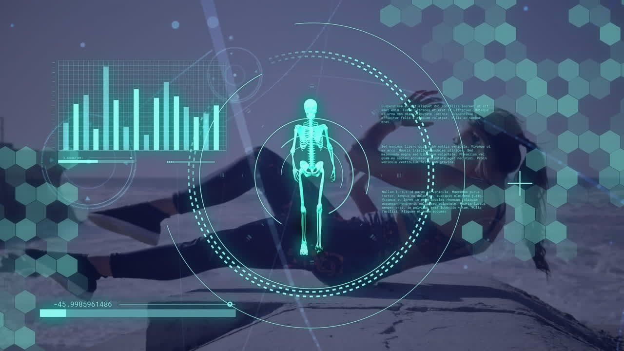 데이터 프로세싱 및 스 스캔의 애니메이션: 카우카시안 여성 운동 위의 골격