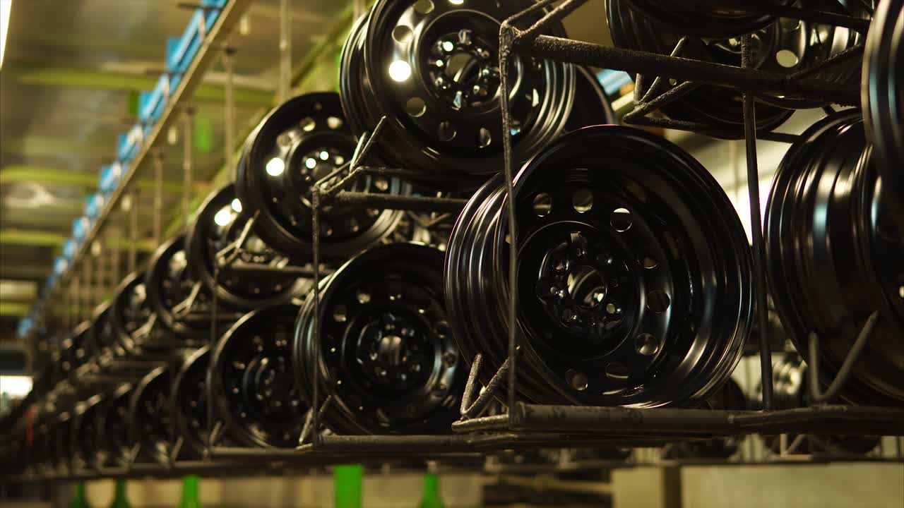 Black Car Wheels Drying on an Assembly Line