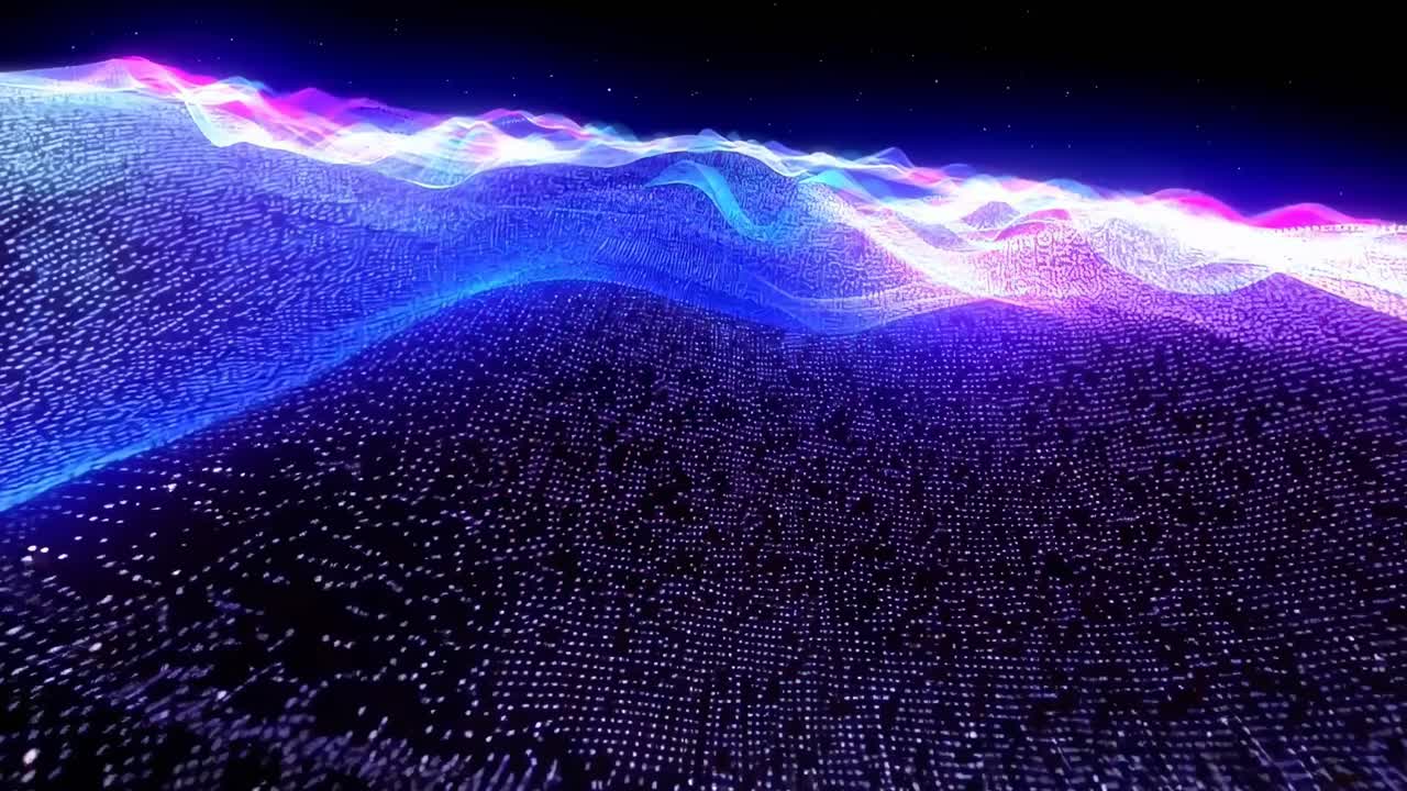Abstract digital landscape with neon waves from a low-angle, perfect for video backgrounds