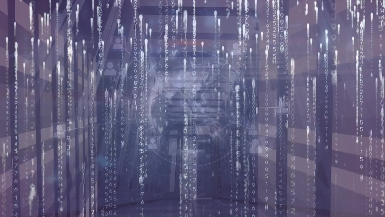 Animation of data processing over globe and computer servers