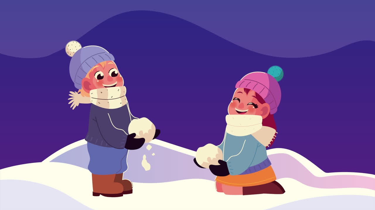 пара детей в зимней одежде играет со снежным шаром в снежном пейзаже ночной сцены