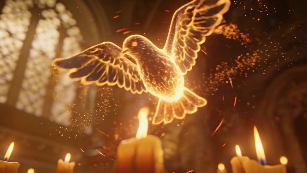 Fiamme di candela che generano un uccello di braci, volando oltre una vetrata di cappella, lasciando una scia di braci.