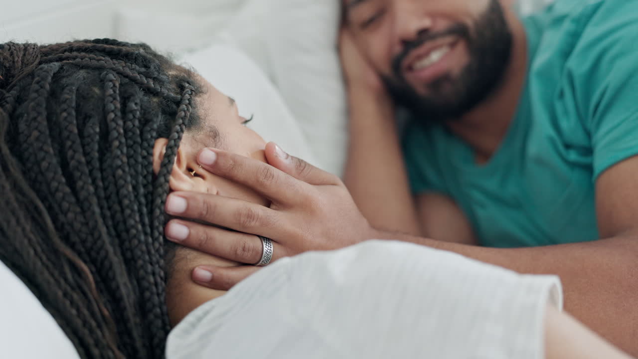 Bedroom, love and happy couple talking