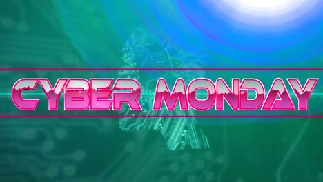 Animation-of-pink-metallic-text,-cyber-monday,-over-neon-lines,-on-motherboard-and-network