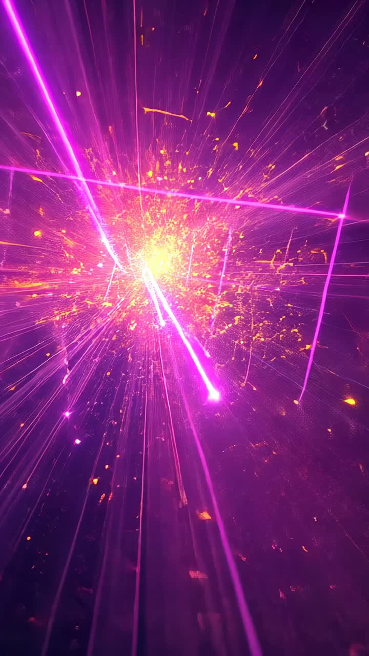 Vertical video: pulsing core in purple void, driving wireframe rotation with neon beams and sparks