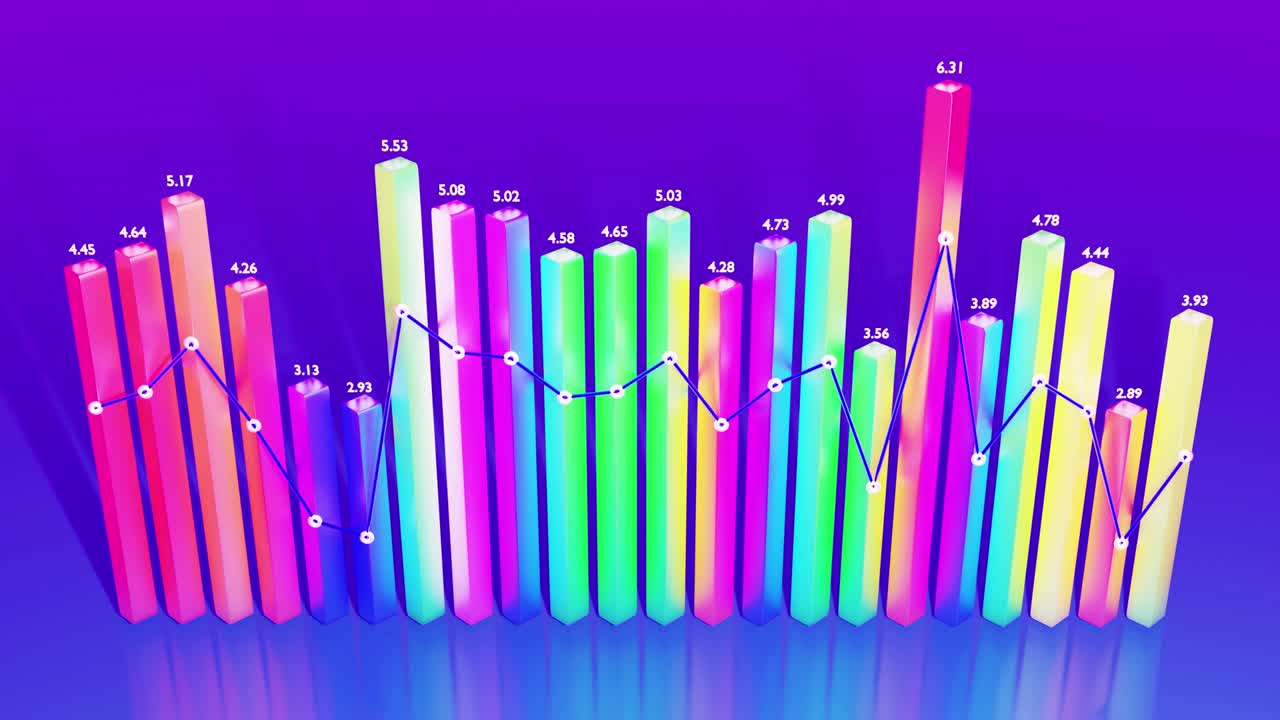 hermoso fondo en bucle 3d para programas analíticos con infografías abstractas, datos estadísticos. barras multicolores, contadores y gráficos. columnas 3d se mueven suavemente arriba y abajo en bucle. bg financiero