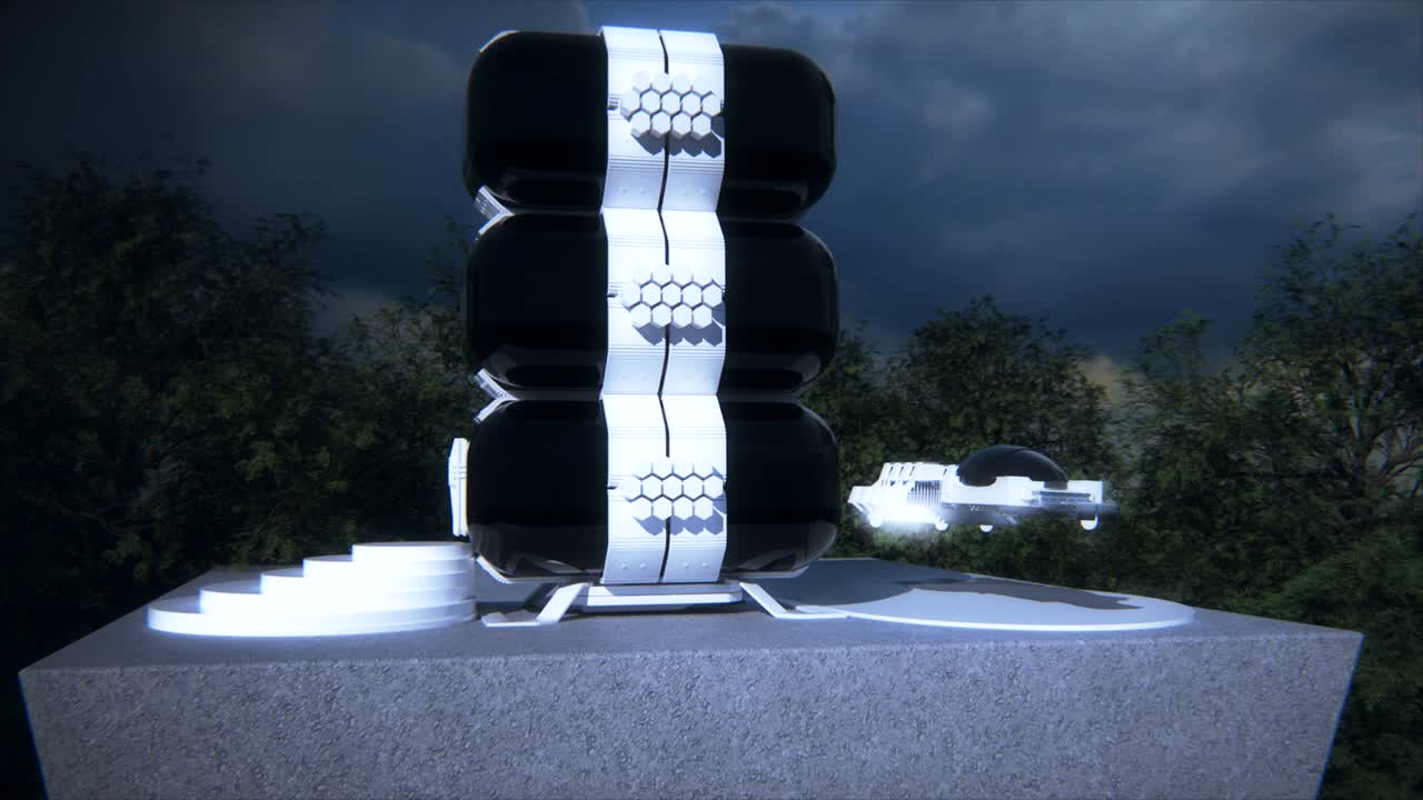 날아다니는 자동차와 함께 미래의 집.