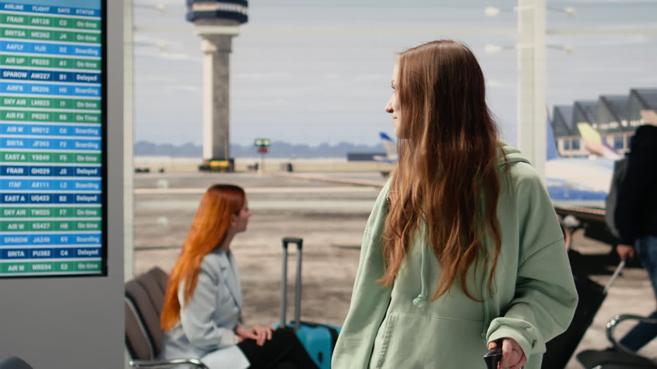 Jovem viajante da Geração Z na área de espera do aeroporto verificando informações no bilhete de avião