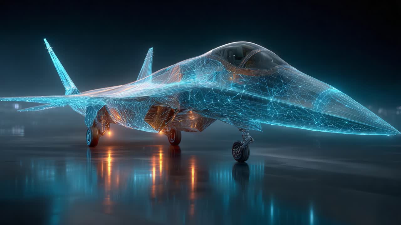 Futuristic Jet: A Stunning Visualization of an Advanced Aircraft with a Complex Wireframe and Illuminated Features, Showcasing Cutting-edge Technology and Design