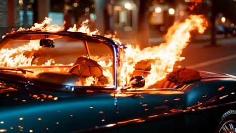 a car on fire on the street at night