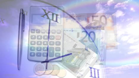 Digital-animation-of-clock-ticking-over-euro-bills