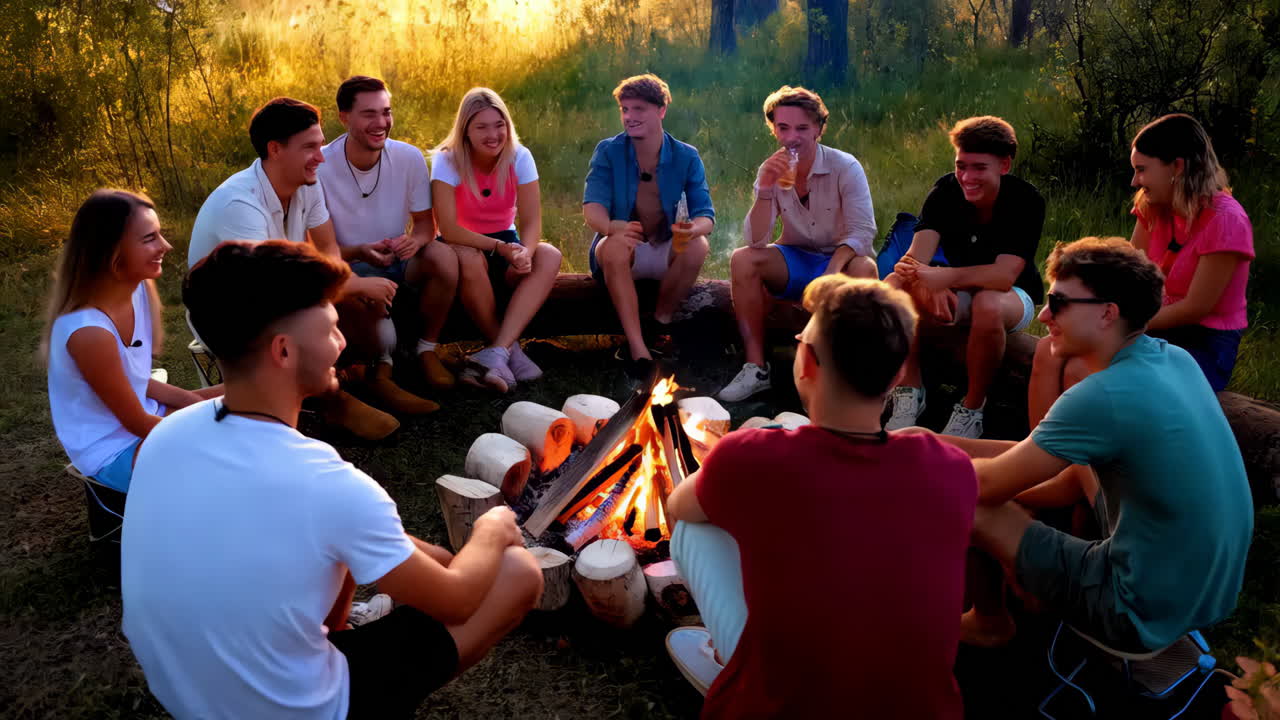 Teenagers enjoying a campfire