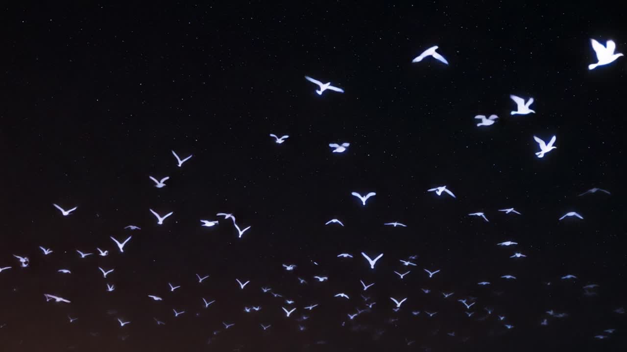 A Mesmerizing Display of Birds in Flight Against a Starry Night Sky, Capturing the Beauty and Freedom of Nature's Creatures Spreading Their Wings