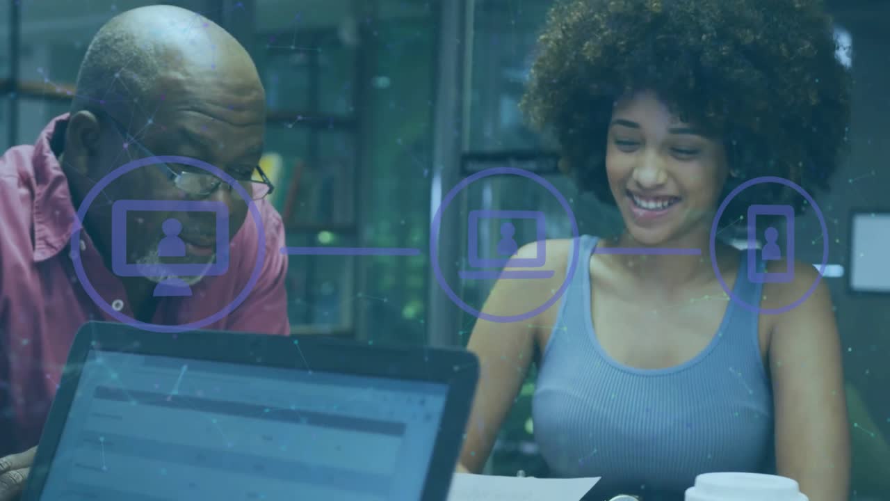 Animation of connected dots and flowchart over diverse coworkers discussing on desk in office