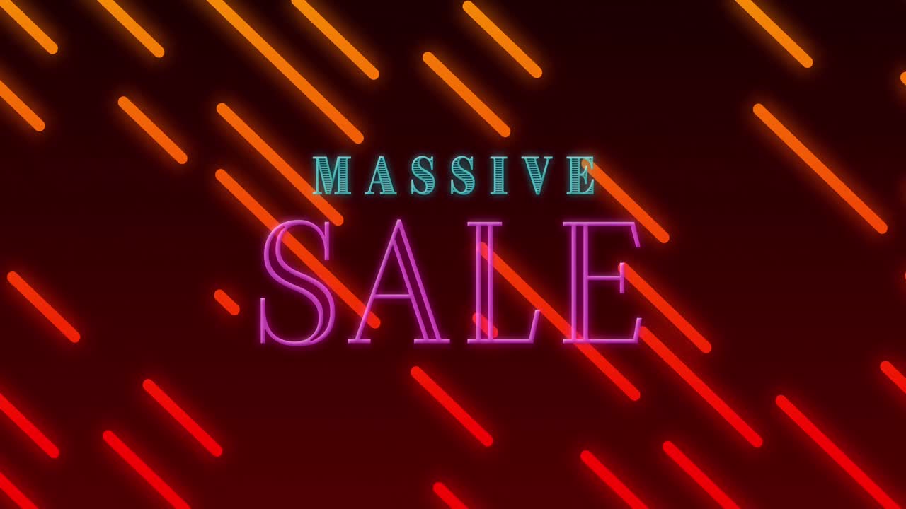 검은색 배경 위에 이동하는 대규모 판매 텍스트와 네온 라인의 애니메이션