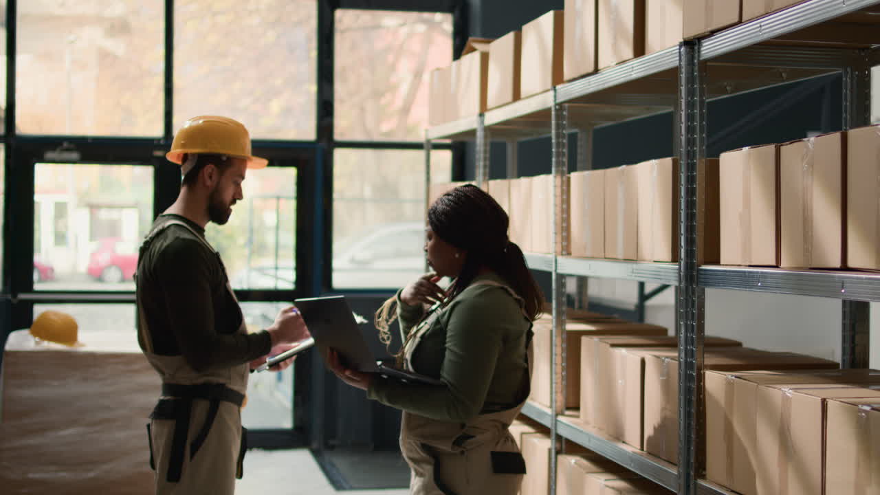 Warehouse workers checking inventory with laptop and clipboard