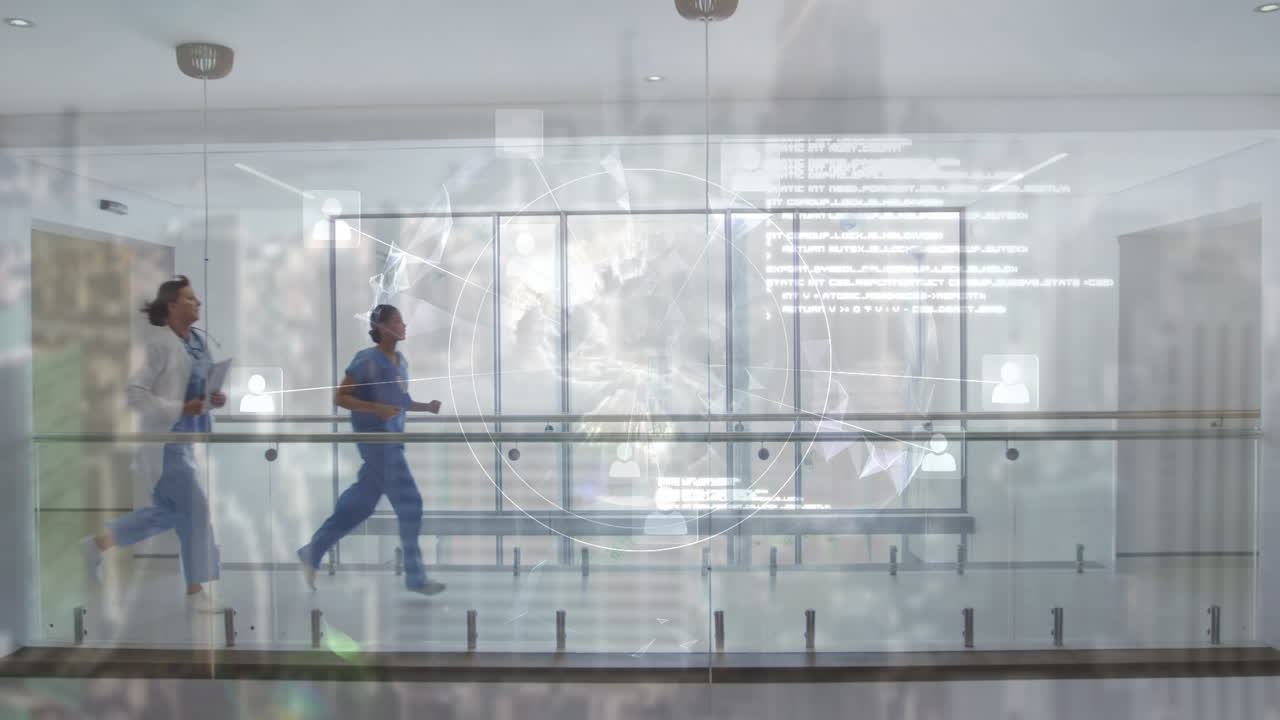 두 명의 다양한 의사에 대한 디지털 데이터 인터페이스의 애니메이션