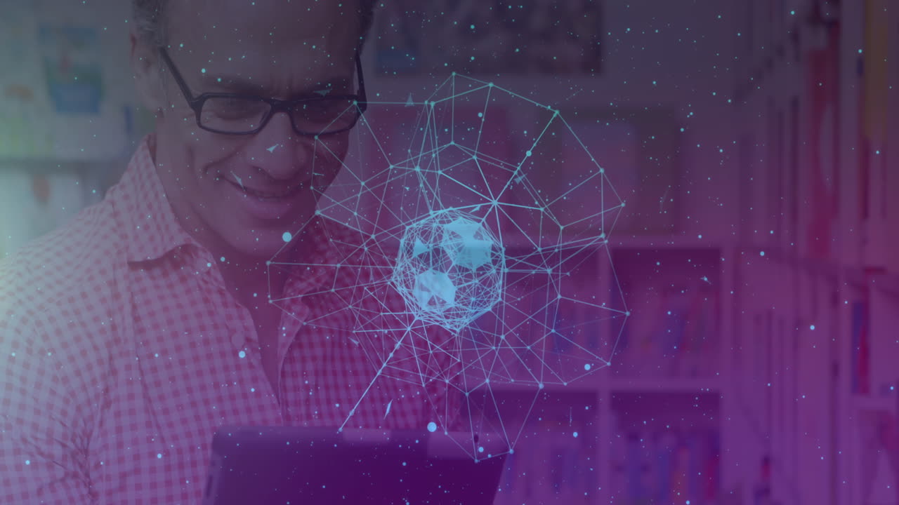 animación del globo con una red de conexiones sobre el hombre usando una tableta en el fondo