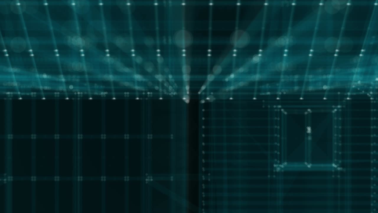 3D Digital house of particles. Fly around a two-story residential building