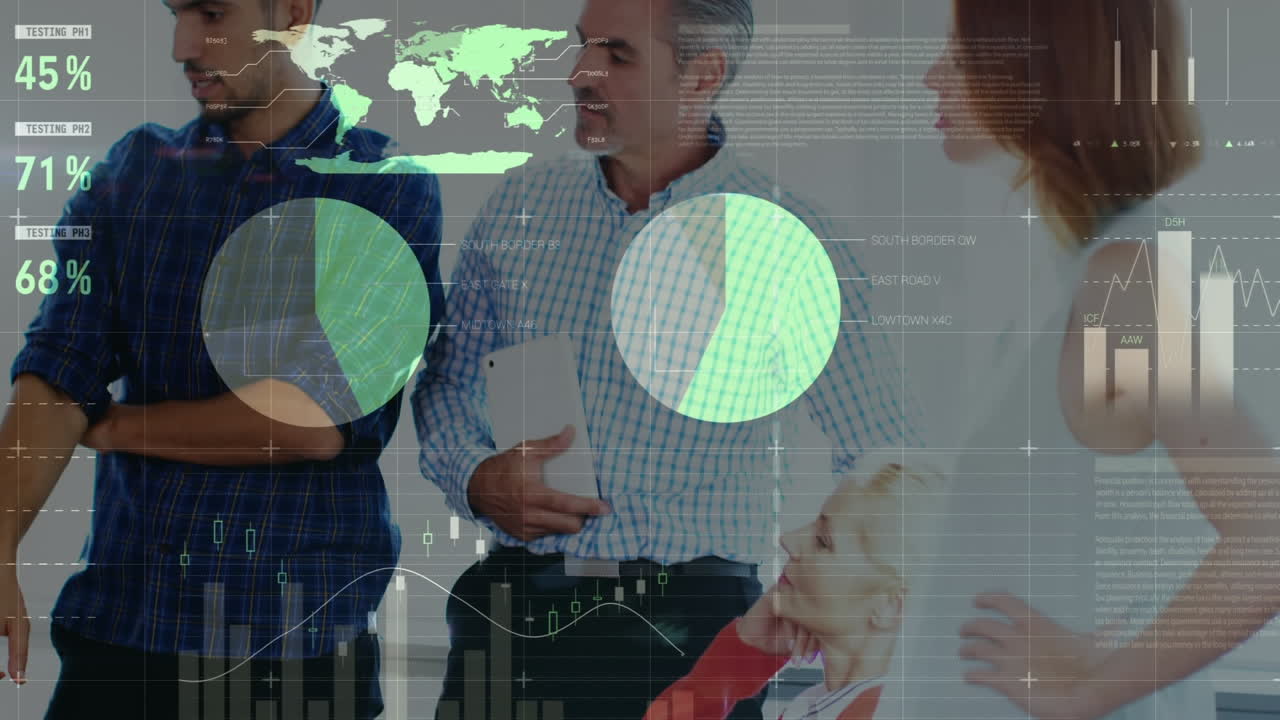 animación del procesamiento de datos estadísticos contra diversos colegas discutiendo juntos en la oficina