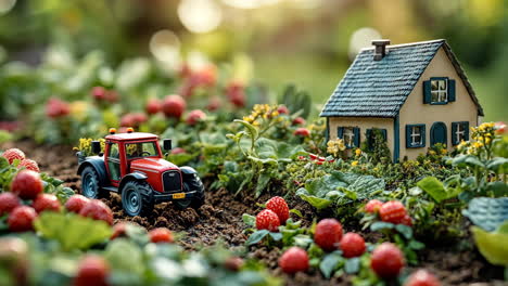 miniature farming scene with tractor and house among strawberries