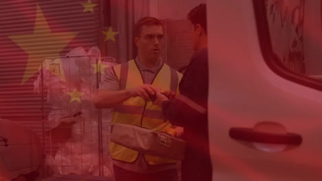 animation of chinese flag waving over delivery man delivering parcel