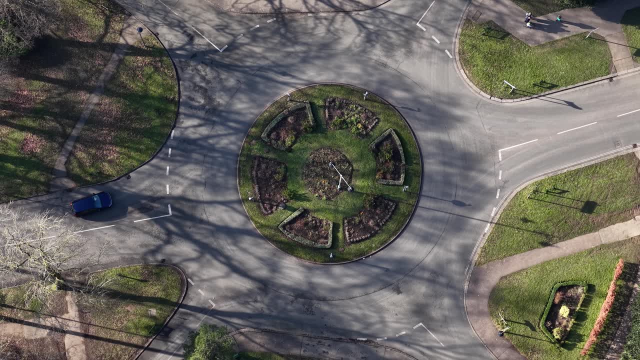 Sollershott circus aerial view over cars navigating the first roundabout introduced in Great Britain